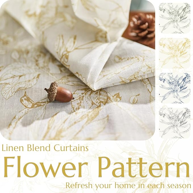 jinchan Floral Curtains 96 Inches Long Mustard Yellow Flower Linen Farmhouse Curtain for Living Room French Country Vintage Curtain Rod Pocket Curtains Set 2 Panels Floral Printed - Image 4