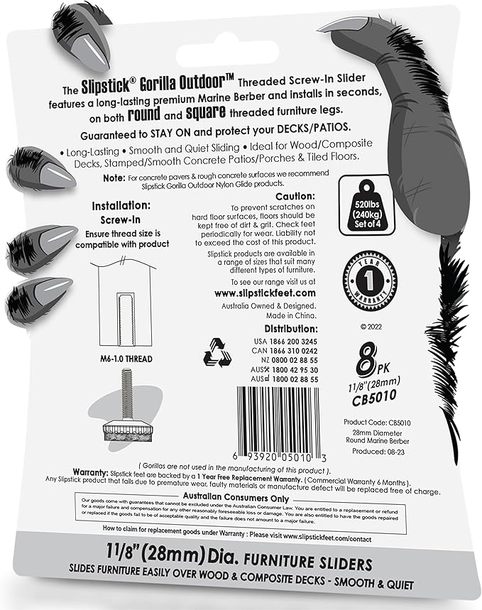 Slipstick Gorilla Outdoor Adjustable Furniture Levelers (8 Pack) Weatherproof Screw in Leg Glides for Chairs, Tables, and Outdoor Furniture Feet, 1-1/8 Inch Berber Glide, M6 Thread - Image 7