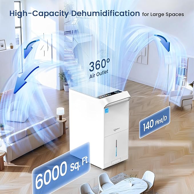 6,000 Sq.Ft Most Efficient Energy Star 2025 Dehumidifier,Vellgoo Max 140 Pint/D Smart Compressor Dehumidifier for Basement with Drain Hose, for Home,Large Rooms - Image 2