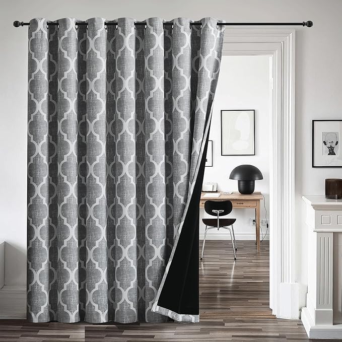 Beauoop 100% Blackout Curtains 84 Inches Long for Patio Sliding Door Grey Extra Wide Moroccan Geo Room Darkening Gray Thermal Soundproof Room Divider Grommet Window Treatment Drapes,100x84 Set of 1 by Beauoop