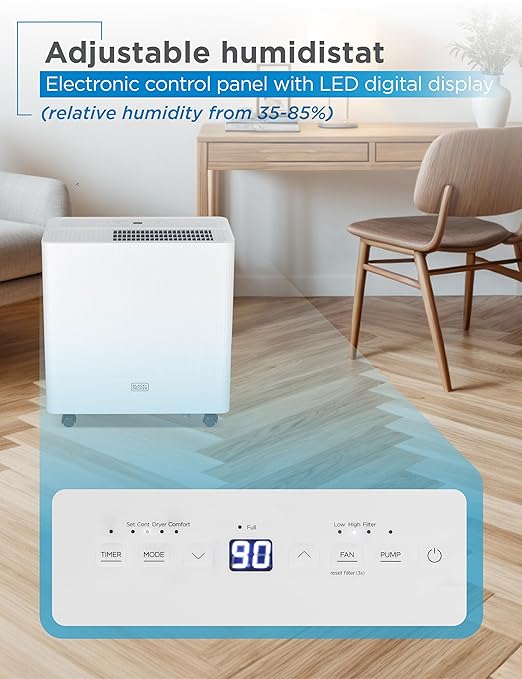 BLACK+DECKER 30-Pint Portable Dehumidifier, Dehumidifier for Home up to 3000 Sq. Ft. Coverage, For Basement and Medium to Large Spaces, Removable Bucket and Drain Hose Included, BD30MWSA, White - Image 4