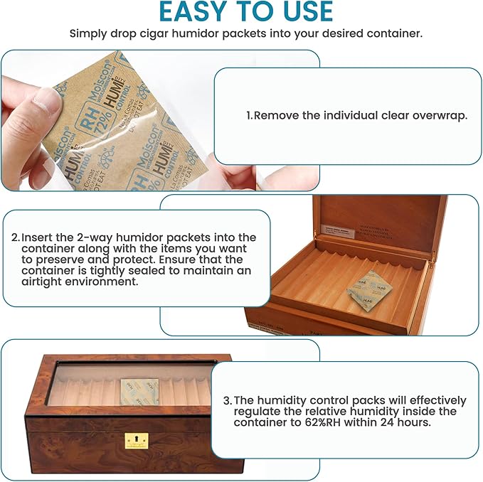 72% Two-Way Humidity Control Packs- 8 Gram Moisture Absorbers for Herbs, Wood Humidifier Boxes - Natural Craft Paper Design, Individually Sealed Packets, Prevents Leaks [60 Pack] - Image 5