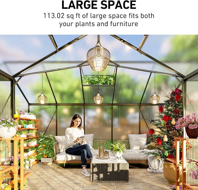 12X12FT Green Houses for Outside, Large Greenhouse for Outdoors and Garden Planting, Walk in Greenhouse Kit with Electronic Thermometers, Withstands Strong Wind or Snow to Protect Vegetables or Plants - Image 3