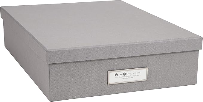 Bigso Oskar Fiberboard Label Frame Document Letter Box - File Organizer Box for Important Paperwork - Document Storage with a Lid & Metal Label Window - 3.3 in x 10.2 in x 13.8 in - Grey by Bigso