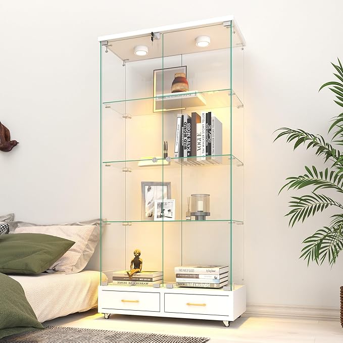 Yoluckea 4 Tier Glass Display Cabinet with LED Lighting and 2 Drawers, 2 Doors Floor Standing Curio Cabinet with Wheel for Home, Office, Corner Display, White Glass Bookshelf for Collections and Decor by Yoluckea