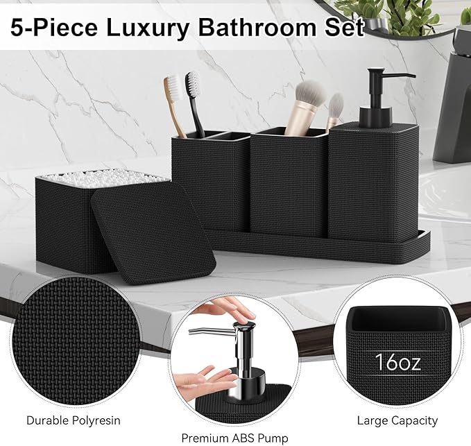 Matte Black Bathroom Accessories Set 5 Pieces, Resin Toothbrush Holders Set Complete with Soap Dispenser, Toothbrush Holder, Vanity Tray, Bathroom Tumbler and Qtip Holder for Small Spaces - Image 4
