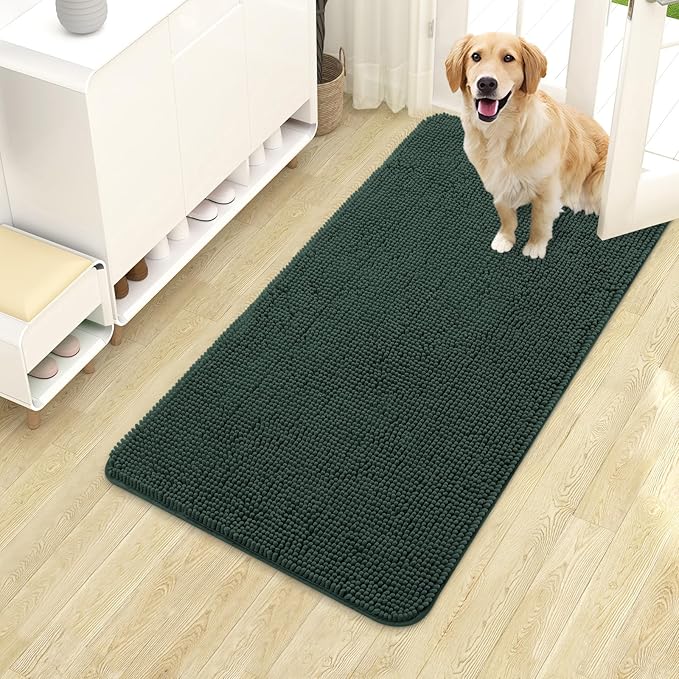 OLANLY Dog Door Mat for Muddy Paws 40x24, Absorbs Moisture and Dirt, Absorbent Non-Slip Washable Doormat, Quick Dry Chenille Mud Mat, Entry Indoor Entryway Carpet for Inside Floor, Blackish Green by OLANLY