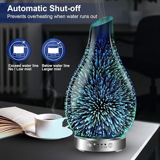 MAXWINER Essential Oil Diffusers Ultrasonic 3D Glass Aromatherapy Diffuser, Auto Shut-Off, Timer Setting, 7 Colors LED Lights Changing for Home, Office, Spa 120ml - Image 6