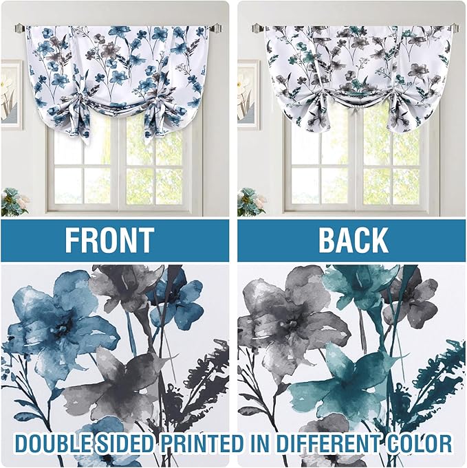 H.VERSAILTEX Tie Up Curtain Double Sided Cattleya Floral Printed Window Valance Balloon Roman Curtain, Rod Pocket 1-Pack, Reversible in Blue/Teal, W 42 x L 36 - Image 3