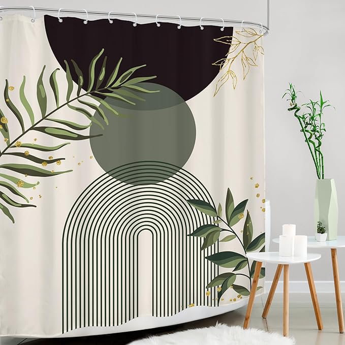 Dark Green Boho Shower Curtain 60Wx72H Black Green Modern Bohemian Mid Century Abstract Gold Leaves Plant Bathroom Decor Minimalist Geometric Neutral Bath Curtain Fabric Polyester 12 Pack Hooks - Image 3