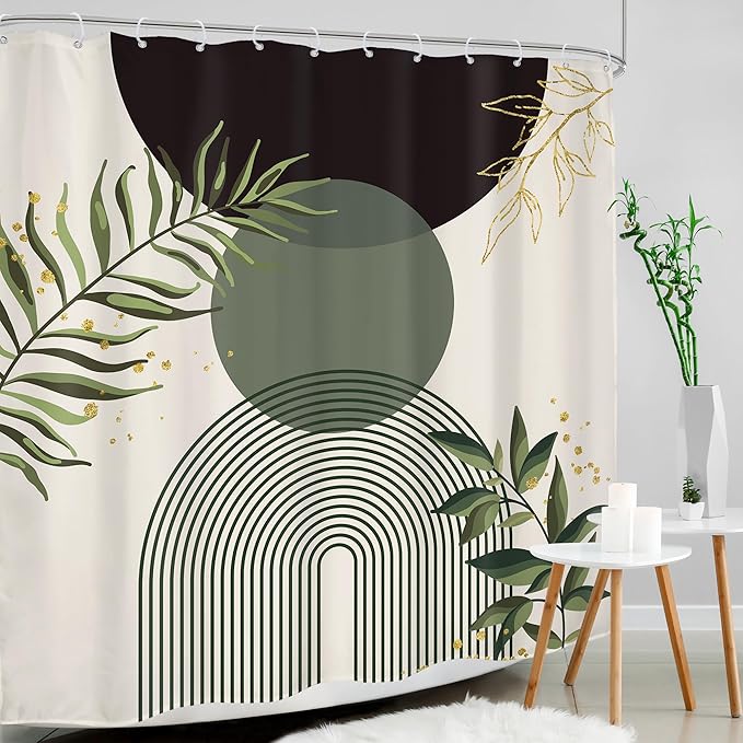 Dark Green Boho Shower Curtain 72Wx84H Extra Long Black Green Modern Bohemian Abstract Plant Leaves Bathroom Decor Minimalist Geometric Neutral Bath Curtain Fabric Polyester 12 Pack Hooks - Image 3
