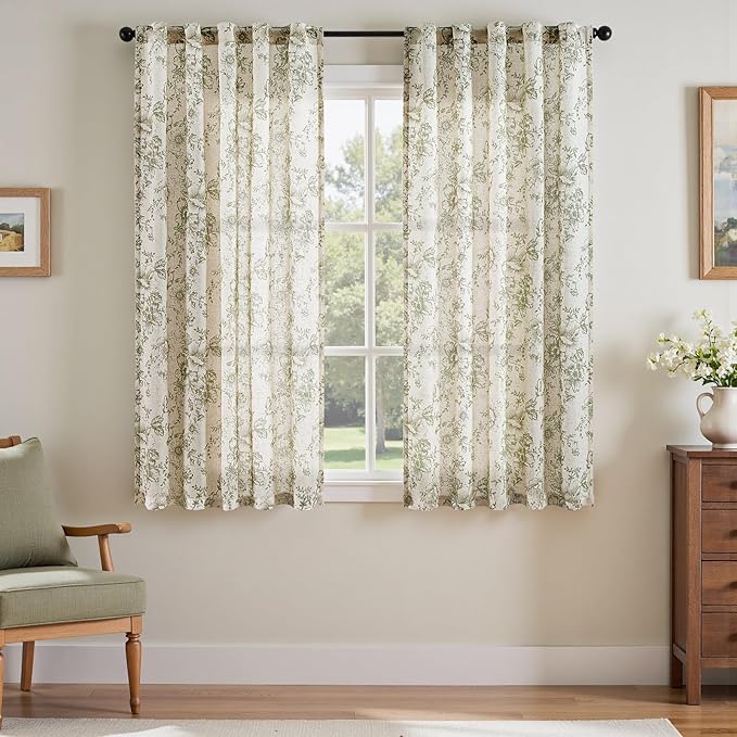 jinchan Linen Blend Floral Curtains for Living Room 63 Inch Length Farmhouse Printed Curtain Rod Pocket Back Tab Sage Green Peony Flower Patterned Drapes Bedroom Curtains Set 2 Panels by JINCHAN