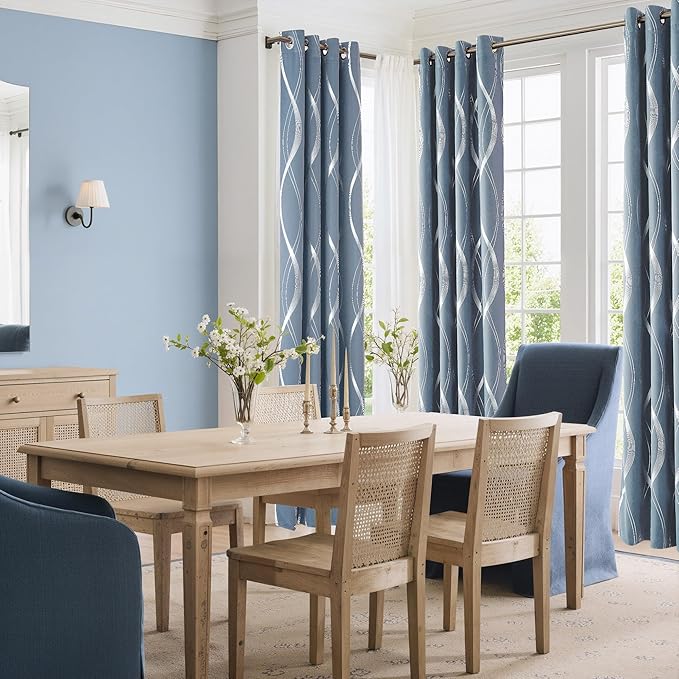 NICETOWN Vintage Blue Foil Printed Curtain for Extra Wide Window, W66 x L84 inch, Wave Line Design Modern Style Drapes Privacy Protection for Room Divider, 2 Panels - Image 3