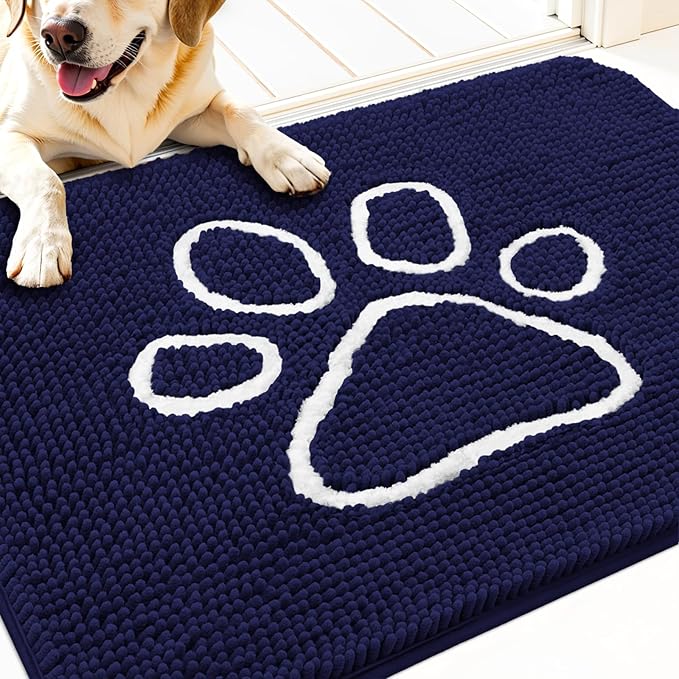OLANLY Dog Door Mat for Muddy Paws 30x20, Paw Print Design, Absorbs Moisture and Dirt, Absorbent Non-Slip Washable Doormat, Quick Dry Chenille Mud Mat for Dogs, Entry Indoor Entryway Carpet, Navy Blue by OLANLY