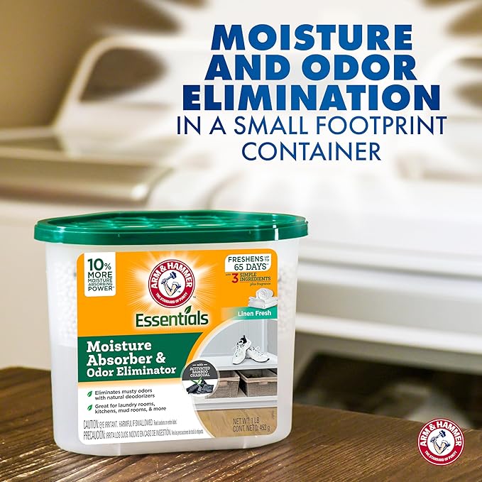 Arm & Hammer Essentials Disposable Moisture Absorber and Odor Eliminator Tub, Linen Fresh, 1 lb., 3-Pack, Attracts and Traps Excess Moisture, Ideal Closet Non-Electric Dehumidifier - Image 6