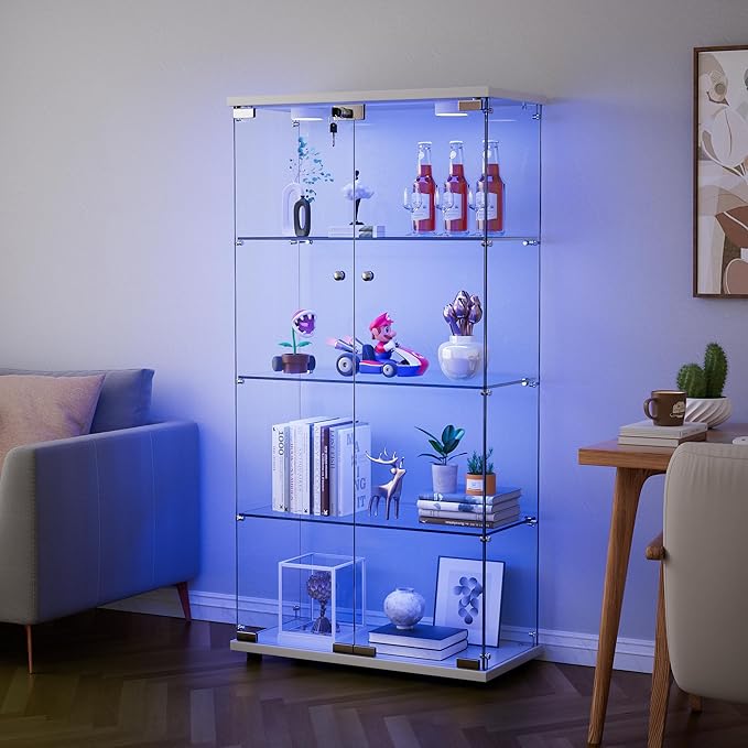 Yoluckea 4 Shelves Glass Display Cabinet with LED Light and 2 Doors,Floor Standing Clear Glass Curio Collection Display Cabinet for Living Room Bedroom 64.7” x 31.7” x 14.3” White - Image 4