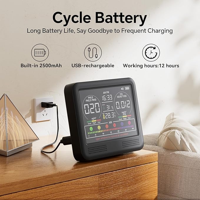 16-in-1 Air Quality Monitor Indoor with 7AQI Beep Alarm, CO2 Monitor, Air Quality Detector with PM1.0 | PM2.5 | PM10 | Temp | HUM | Formaldehyde | VOC Tester for Home Office Plant (Soft Black) - Image 5