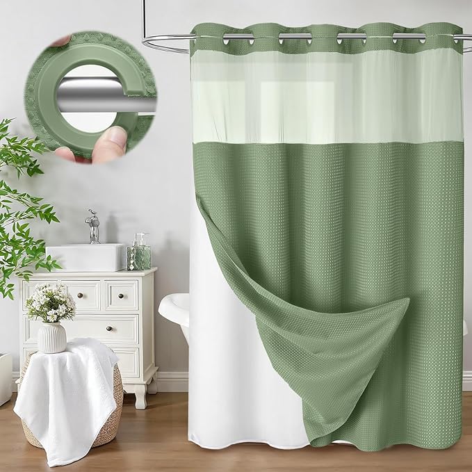 No Hook Shower Curtain and Liner Set,Hotel Waffle Shower Curtain with Liner 75" L x 72" W Green by Unknown