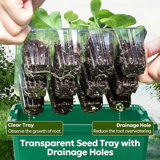 MIXC Seed Starter Kit with Grow Light, Elevated Seedling Tray Kit with Adjustable Humidity Dome and Clear Cell Tray, 12 Full Spectrum Led Beads for Seed Starting Greenhouse, 6 Pack, Green - Image 3
