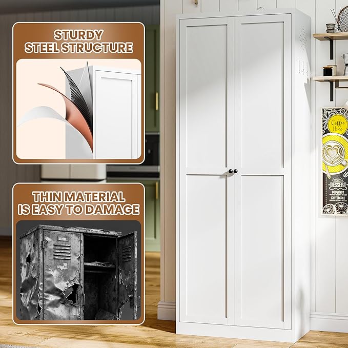 72" Tall Metal Pantry Cabinet with 2 Doors and 5 Adjustable Shelves, Freestanding Kitchen Storage Cabinet, Large White Cupboard Organizer for Kitchen Dining Room Living Room Bathroom,Assembly Required - Image 6