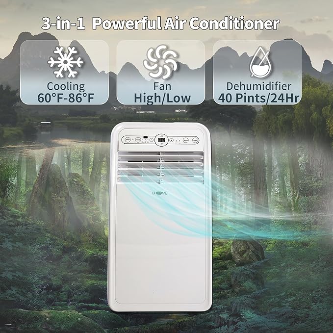 Uhome 8000 BTU Portable Air Conditioner, with Cooling, Dehumidifier, Fan, Remote Control and Window Mount Kit Included, White, 24H Timer - Image 3