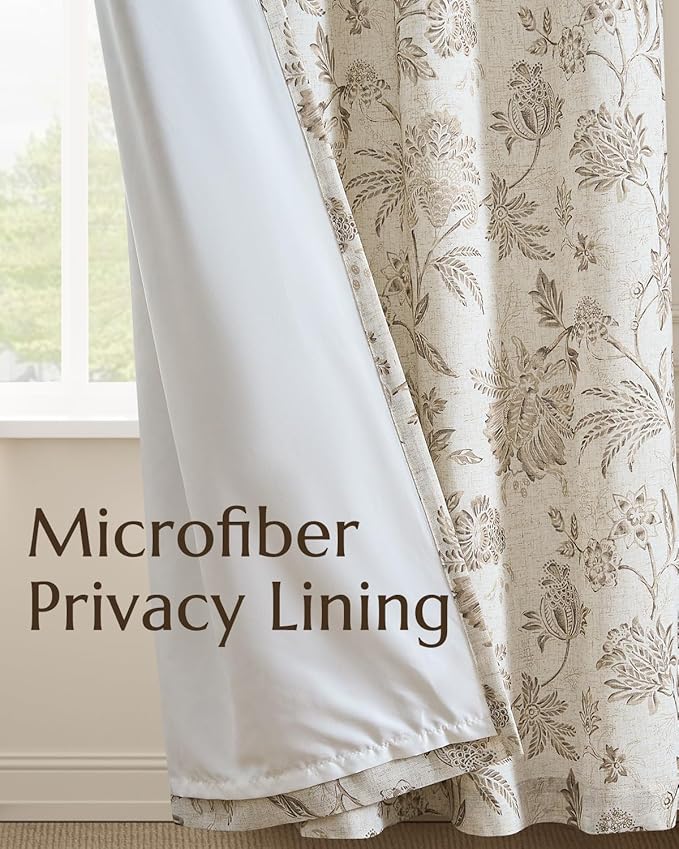 jinchan Lined Linen Floral Curtains for Living Room, 96 Inch Length Printed Flower Farmhouse Patterned French Country Back Tab Taupe Window Drapes Set Privacy Bedroom Curtains, 2 Panels - Image 4