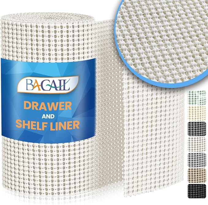 BAGAIL Drawer and Shelf Liner, 17.5 in X 20 Ft Non-Adhesive Shelf Liners for Kitchen Cabinets, Thick Strong Grip Liners for Desk, Shelves, Bathroom Drawers, Cabinet Protection - White by BAGAILBASICS