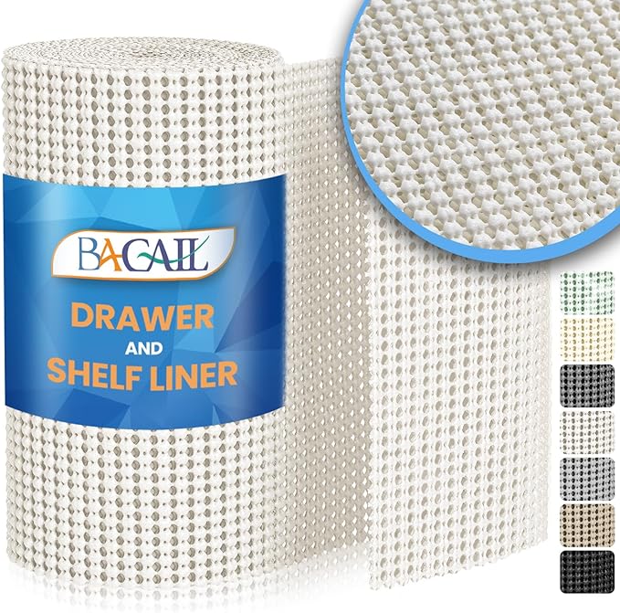 BAGAIL Drawer and Shelf Liner, 17.5 in X 10 Ft Non-Adhesive Shelf Liners for Kitchen Cabinets, Thick Strong Grip Liners for Desk, Shelves, Bathroom Drawers, Cabinet Protection - White by BAGAILBASICS