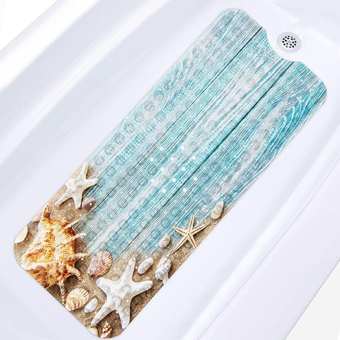 Seashells Summer Bath Mat Non Slip, Space Beach Wood 40 X 16 Inch Extra Long Bathtub Shower Mat for Tub Anti Slip with Suction Cups and Drain Holes for Kids Adults Elderly by Britown
