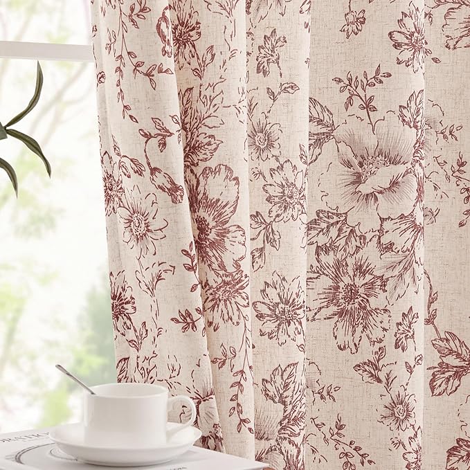 jinchan Lined Linen Blend Curtain Floral Curtains for Living Room 96 Inches Long Farmhouse Red Flower Printed Curtain Rod Pocket Back Tab Peony Patterned Drapes Curtains Set 2 Panels - Image 7