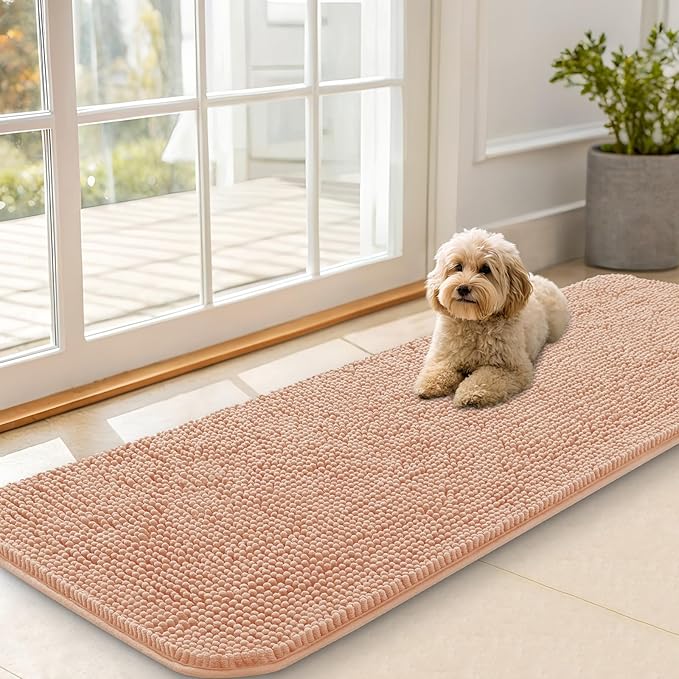 OLANLY Dog Door Mat for Muddy Paws 59x20, Absorbs Moisture and Dirt, Absorbent Non-Slip Washable Doormat, Quick Dry Chenille Mud Mat for Dogs, Entry Indoor Entryway Carpet for Inside Floor, Peach by OLANLY