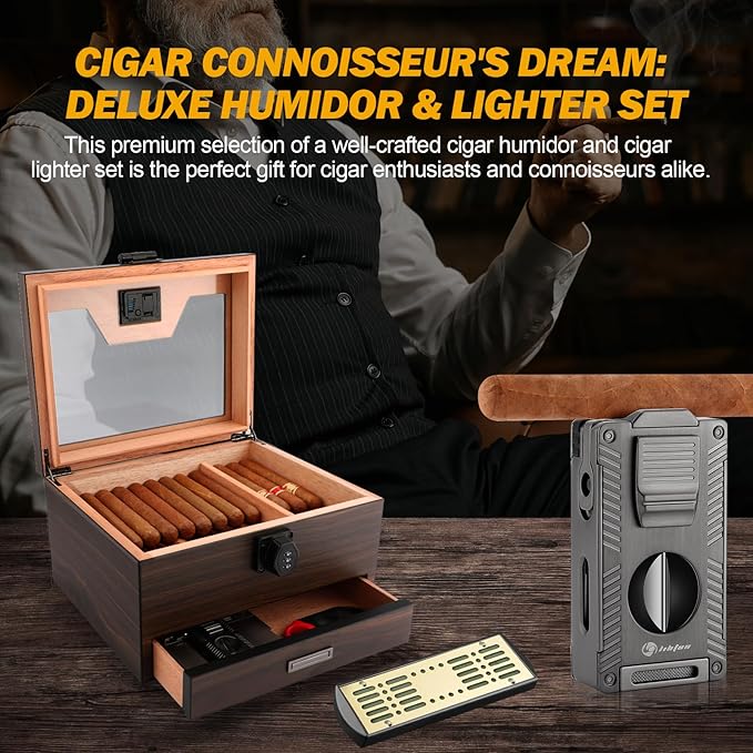 Cigar Humidor and Cigar Lighter Kit, Cedar Wood Cigar Case with Digital Hygrometer and Combo Lock, Multi-Function All-in-1 Butane Lighter and Humidor Box, Cigar Gift for Men, Can Hold 50 Cigars - Image 7