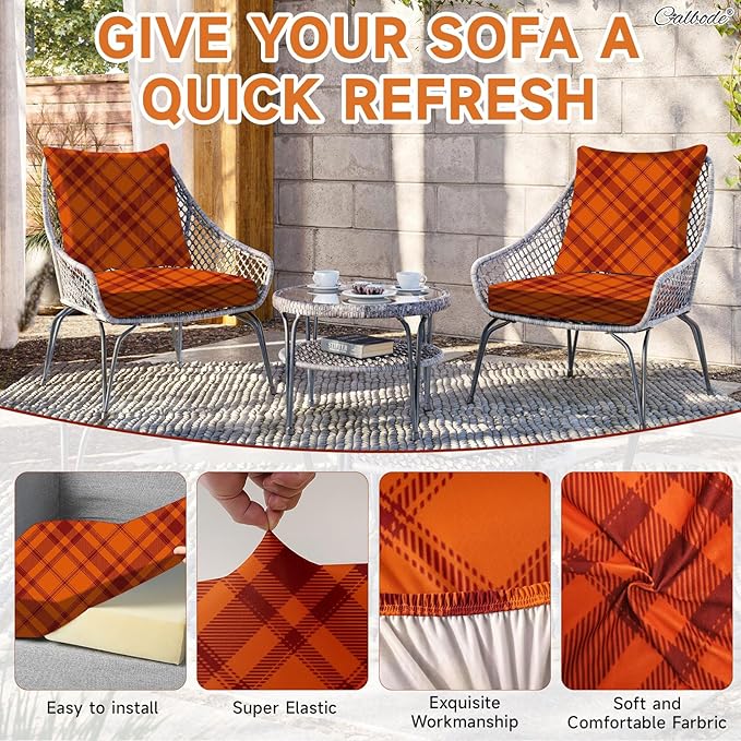 8Pcs Stretch Cushion Covers Outdoor Cushion Cover Replacement Slipcovers Grid Chair Seat Covers for Indoor Patio Furniture Protector(Orange Plaid, CoverOnly) - Image 3