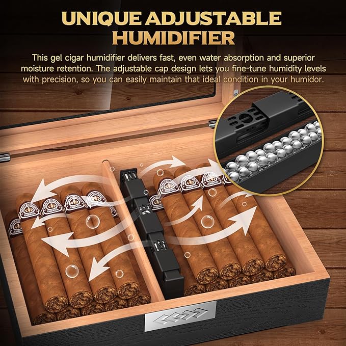 TISFA Cigar Humidor Box Cigar Accessories Set, Includes V Cutter, Straight Cutter, Hole Punch, Digital Hygrometer, Adjustable Humidifier, Divider, Cedar Wood Desktop Humidor Airtight Cigar Case - Image 6