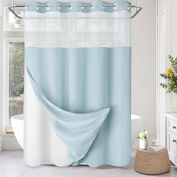 No Hook Shower Curtain and Liner Set,Teal Hotel Waffle Shower Curtain with Liner 75" L x 72" W by Unknown