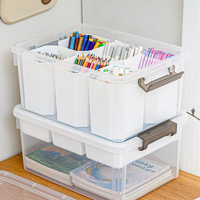 Citylife 17 QT Plastic Storage Box with Removable Tray and 6 Detachable Tall Inserts Craft Organizers and Storage Clear Storage Container for Organizing Crayon, Craft, Sewing, Playdoh, 2 Packs - Image 7