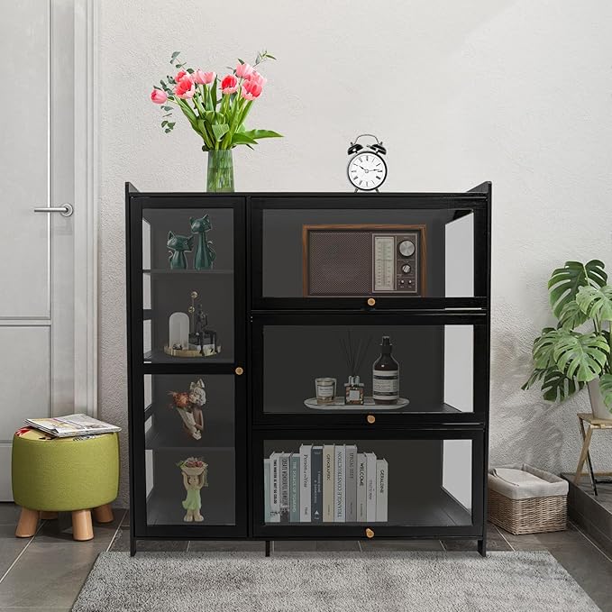 Display Cabinet with Acrylic Doors, 7 Storage Spaces Storage Cabinet & Curio Cabinet with Clear Acrylic Doors, Modern Black Bamboo & Composite Wood for Collectibles, Kitchen, Living Room - Image 9