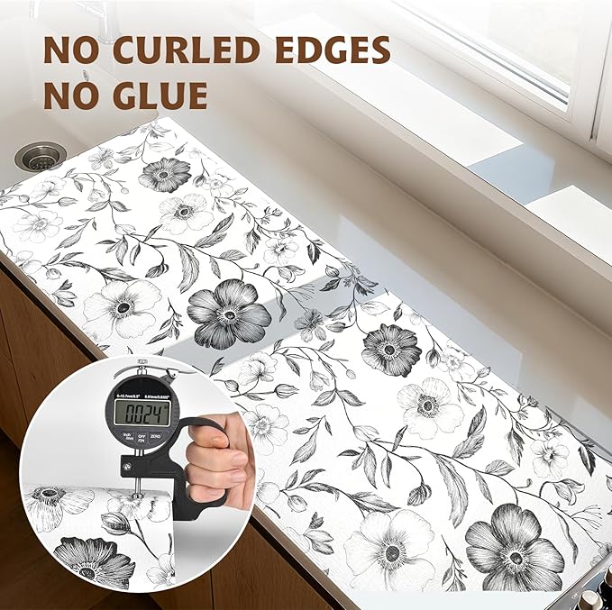 Drawer and Shelf Liner Black Flowers 17in x 20FT, Non Adhesive Anti-Slip Double Layer PVC Reusable Thickened Waterproof Easy Clean for Kitchen Cabinets Refrigerator with Knife Tape Measure - Image 8