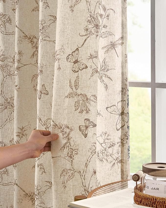 jinchan Floral Linen Curtains for Living Room 96 Inch Length Butterfly Curtain Taupe Floral Curtains French Country Farmhouse Curtain Flower Patterned Drapes Window Treatment Set 2 Panels - Image 3
