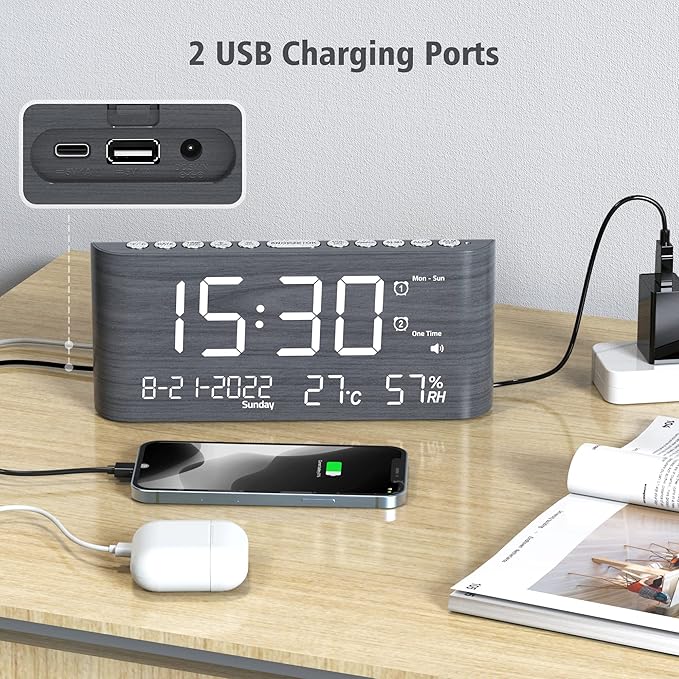 Mesqool Digital Alarm Clock, with Calendar Temperature and Humidity, Loud Volume, Dual Alarm, USB and Type-C Charging Ports, Dimmer, 12/24H, Snooze, Stylish Wood Grain Pattern Digital Clock for Décor - Image 6