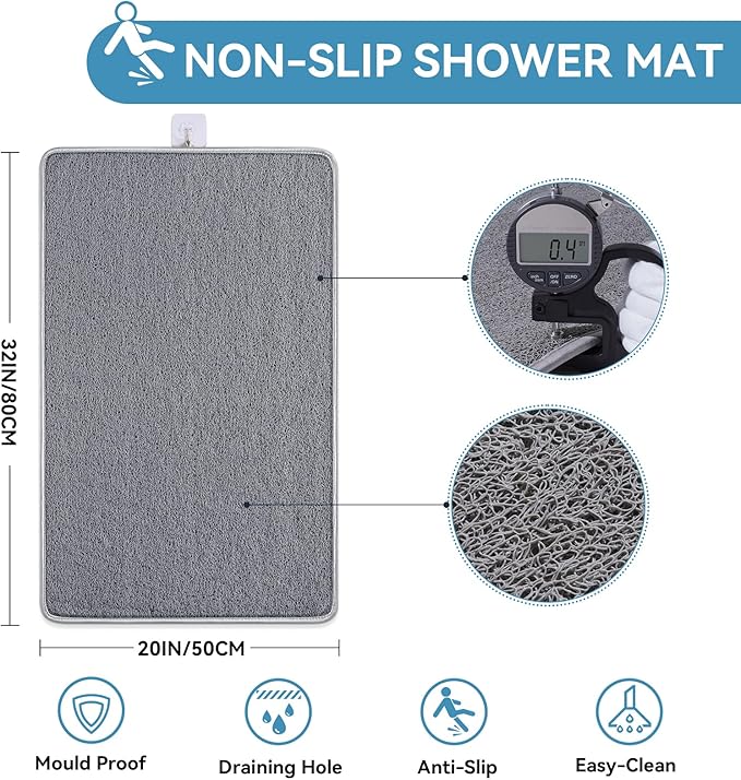 Non Slip Shower Mat Bathtub Mat 20x32 Inch, Quick Dry Bath Mat with Drain, Soft PVC Imitation Loofah Foot Scrubber Bath Mats for Bathroom Tub Shower Floor, Hangable & Hook Included, Gray - Image 3