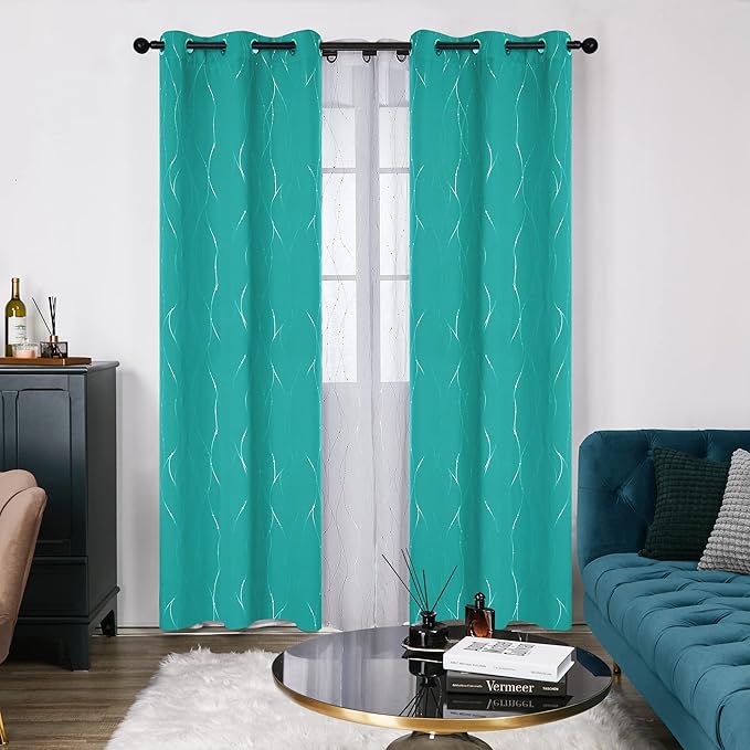 Deconovo Blackout Curtains for Bedroom, Thermal Insulated Soundproof Drapes with Wave Dot Foil Print, 42 x 84 Inch Long, Set of 2, Machine Washable Window Curtain for Living Room Office, Turquoise - Image 2