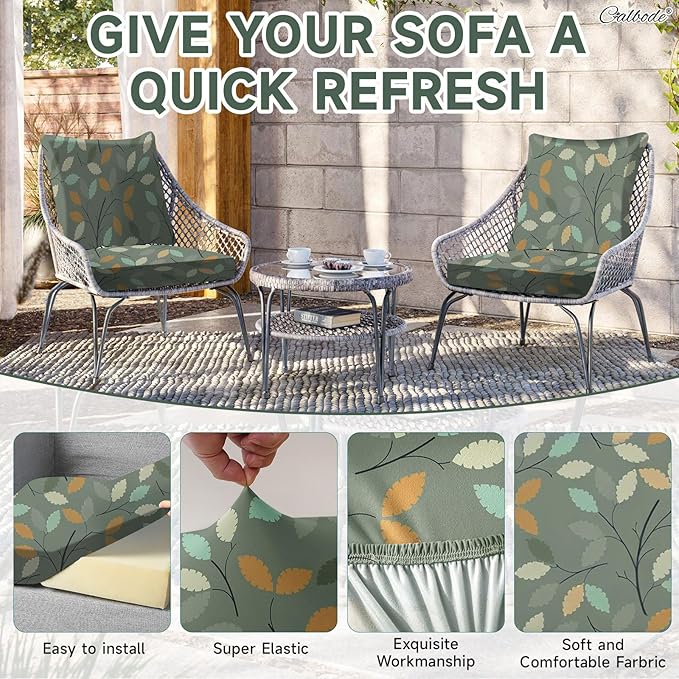14Pcs Stretch Patio Cushion Cover for Autumn, Couch & Sofa Slipcovers for Patio Furniture Cushions Washable Reusable Couch Covers Replacement Fall Home Decor (Green Leaf Printed, Cover Only) - Image 3