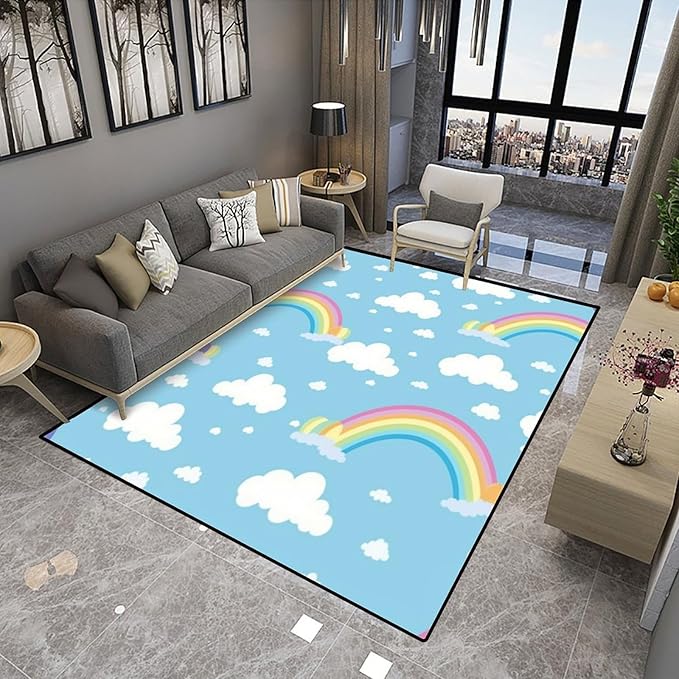 Area Rug, Rainbow and Cloud Pattern Printing Reversible Area Rugs Fade Resistant, Flame Resistant, Quick Dry, Stain Resistant, Waterproo Floor Carpet for Living Room Bedroom, 60 x 96 Inch - Image 4