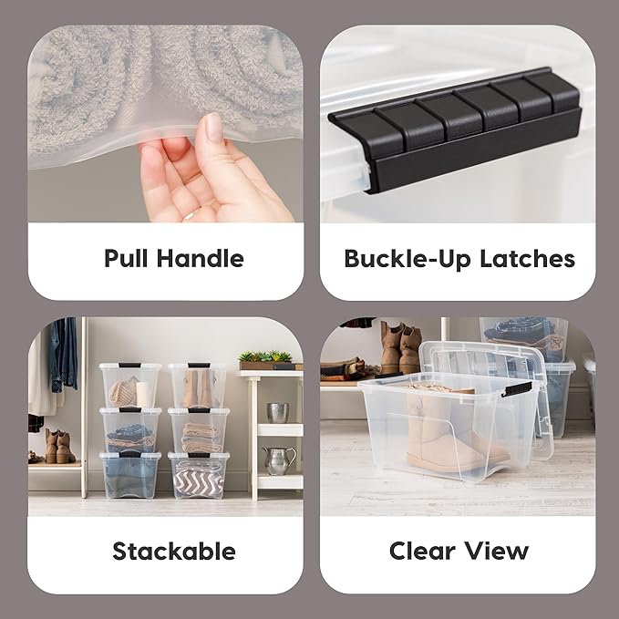 IRIS USA 32 QT Plastic Storage Box with Lid and Latches - 6 Pack - BPA-Free, See-Through Organizing Solution, Durable Nestable Stackable Containers, Secure Pull Handle - Clear - Image 3