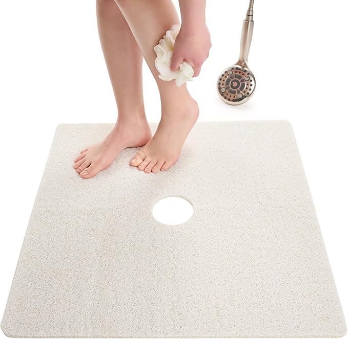Enkosi Loofah Shower Mat with Drain Hole – Cushioned Anti-Slip Square Bath Mat for Showers, and Bathroom Floors – Textured PVC, Non Slip Safety Pad for Walk-in Stalls and Wet Areas (27x27 White) by ENKOSI