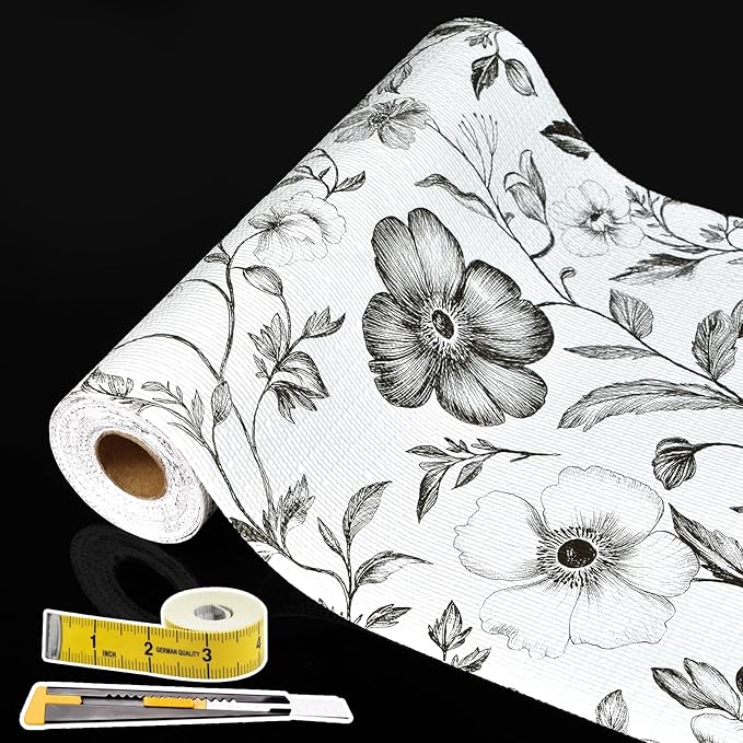 Drawer and Shelf Liner Black Flowers 17in x 20FT, Non Adhesive Anti-Slip Double Layer PVC Reusable Thickened Waterproof Easy Clean for Kitchen Cabinets Refrigerator with Knife Tape Measure by Adwann