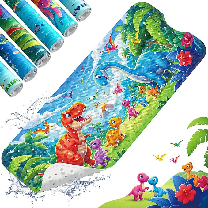 XIYUNTE Baby Bath Mat for Tub Non Slip Kids Bath Mat - 40''x16'' Extra Long Cartoon Bathtub Mat Non Slip Kids Shower Mat Eco-Friendly Toddler Bath Mats with Suction Cups, Machine Washable, Dinosaur by XIYUNTE