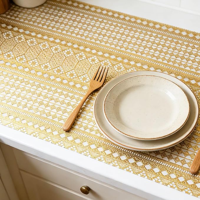 Drawer and Shelf Liner - Gold Geometric Lace Pattern,Non Adhesive Non Slip Waterproof Easy-Clean Shelf Liner for Kitchen Cabinet, Refrigerator, Bathroom, Pantry Storage Drawers, 12 in x 20 Ft - Image 2