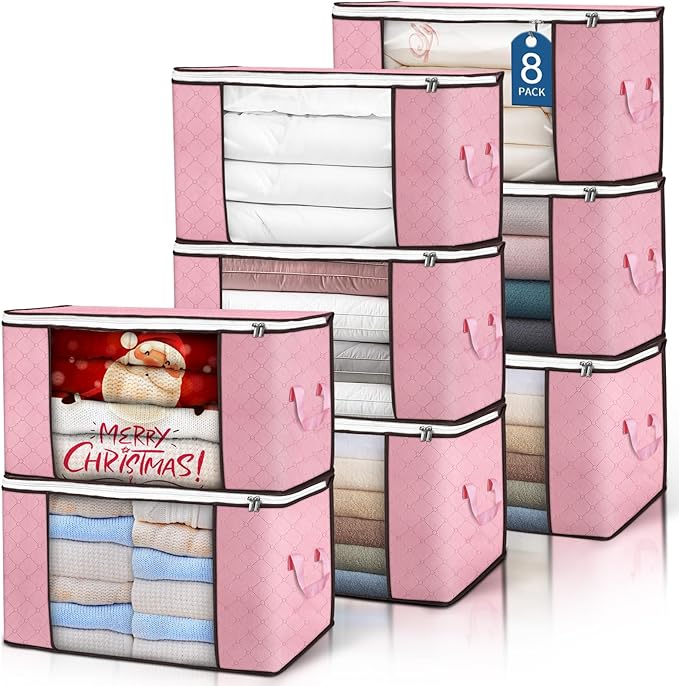 90 L Large Storage Bags, 8 Pack Clothes Storage Bins Foldable Closet Organizer Storage Containers with Durable Handle Storage and Organization, Blanket, Comforters, Bed Sheets, Pillows and Toys (Pink) by BuddingJoy-BuildaJoyfulLifeforYou